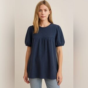 Vintage Land N Sea Blue Heather Knit Puff Sleeve Babydoll Top Coquette Small